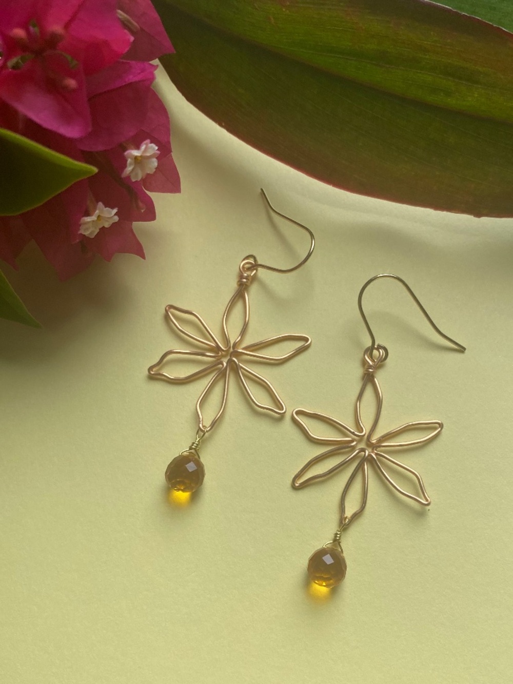 Hand crafted Gold Wire Flower Earrings with Citrine